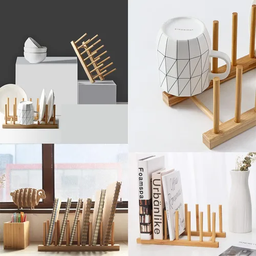Vista 3 de Rejilla de secado con soporte de bambú, para organizar platos, sartén, cuenco, copa, libro, tapa de olla para gabinete de cocina o encimera
