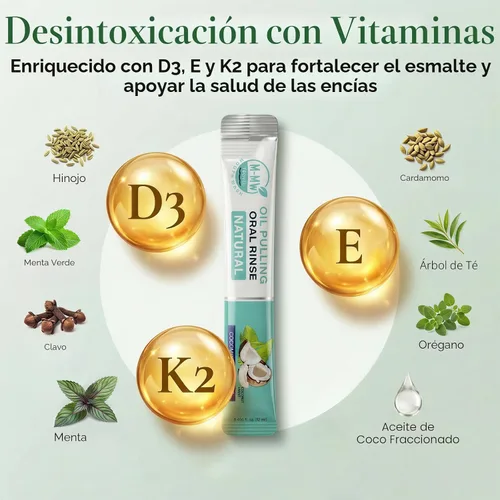Vista 4 de Enjuague bucal con aceite de coco, esenciales de viaje portátiles, aceite de tracción natural para dientes y encías, paquetes de uso único