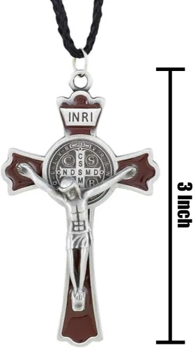 Vista 2 de Autom San Benito Crucifix medalla de plata colgante de cruz en cordón negro de 30 pulgadas