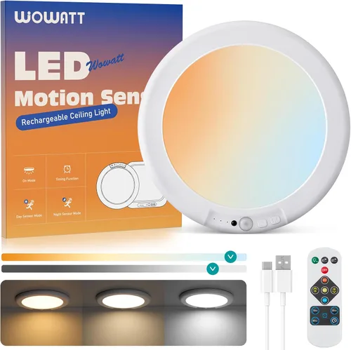 Vista 12 de wowatt: lámpara de techo recargable operada por batería, luz de sensor de movimiento para interiores, lámpara de ducha inalámbrica con mando a