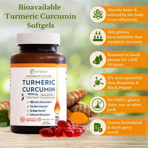 Vista 4 de A1 Vitality - Suplementos NovaSOL de curcumina de cúrcuma, 1000 mg más potentes que la bioperina, inflamación, alivio del dolor articular, 185 veces