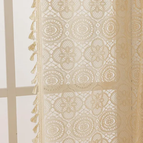 Vista 4 de YJ YANJUN - Cortinas de café boho, 24 pulgadas de largo, 2 paneles, cada una de 59" de ancho x 24" de largo, beige, con crochet, cortinas de cocina