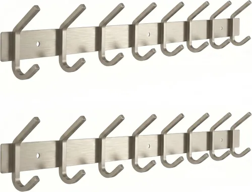 Vista 8 de Perchero pequeño de montaje en pared, de níquel cepillado, de acero inoxidable de 6 pulgadas, con 2 ganchos dobles resistentes, colgador de pared