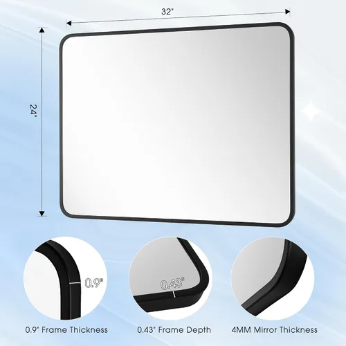 Vista 9 de Espejo rectangular de baño de 24 x 32 pulgadas con marco de metal negro, espejo rectangular de esquina redondeada para pared, moderno y grande