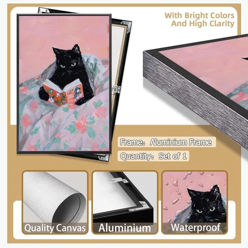 Vista 2 de Pósters divertidos de gatos negros con estilo funky Gatos de mascota leyendo en la cama Arte de pared en lienzo Impresiones de animales preppy