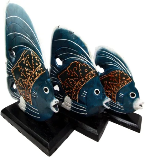 Vista 6 de Artesanos de madera hechos a mano "Ikan Teluk" Blue Tropical River Angel Fish Family Set de 3 figuras decorativas de 10.5 pulgadas de alto