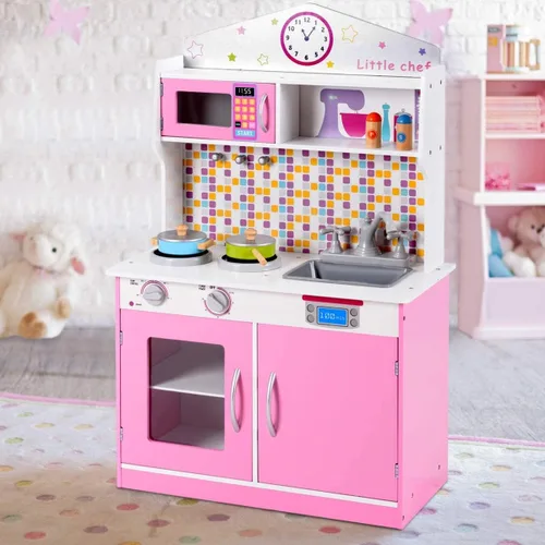 Vista 2 de ARLIME Juego de cocina para niños, cocina de juguete de madera con fregadero extraíble, microondas, utensilios de cocina, armario de almacenamiento