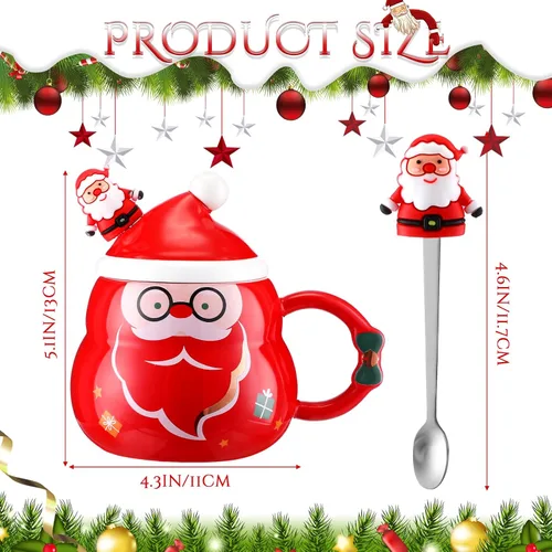 Vista 2 de Yaomiao 4 Tazas de Navidad con Tapa de Gorro de Santa y Cuchara 16 oz Taza de Café de Cerámica Linda de Navidad Árbol Festivo Campana Santa Muñeco