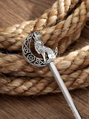 Vista 5 de HAQUIL Wolf Crescent Moon - Palo de pelo para mujeres y hombres, horquilla gótica punk con diseño vikingo para hombres y mujeres, joyería de regalo