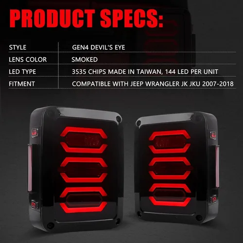 Vista 7 de Luces traseras LED DKMGHT para Jeep Wrangler JK JKU 2007-2018, [Aprobadas por DOT] [Lente ahumada] [Conexión y uso] Ojo del diablo ahumado Gen4