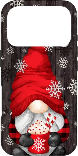 Vista 29 de iPhone 14 Pro Gnomo de Navidad rojo para mujeres con taza de cacao caliente lindo estuche de Navidad
