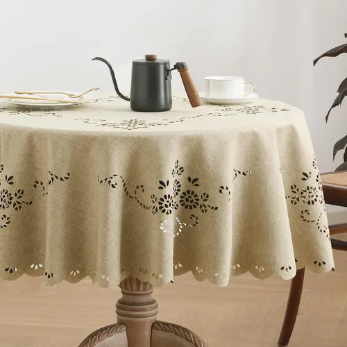 Vista 19 de Wracra Mantel redondo de macramé impermeable, estilo lino de granja, resistente a las arrugas, lavable, para interiores y exteriores