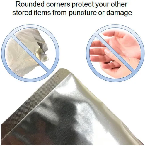 Vista 4 de PackFreshUSA: Paquete de 100 bolsas de Mylar de 7 mil cuartos, absorbentes de oxígeno de 200 cc, esquinas redondeadas, guía de almacenamiento