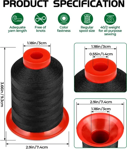 Vista 2 de 1000 metros de hilo para tapicería FIVEIZERO extra fuerte, hilo de nailon negro para denim, cuero, manualidades, máquina, bricolaje y hogar