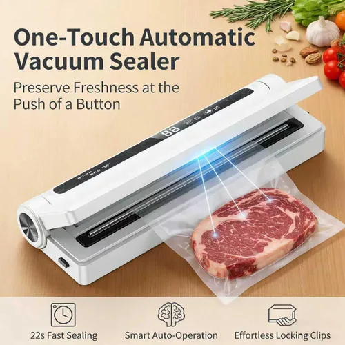 Vista 2 de Máquina selladora al vacío de alimentos, succión fuerte de 75 KPA, modos seco/húmedo, 20 bolsas incluidas, temporizador digital de cuenta regresiva