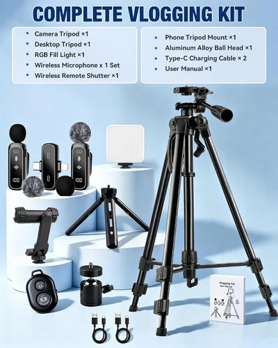 Vista 8 de Kit de vlogging para iPhone/Android, TikTok YouTube Kit de inicio para grabación de video con micrófono inalámbrico magnético, trípode de cámara