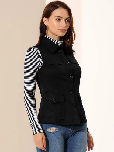 Vista 4 de Allegra K Chaleco de gamuza sintética para mujer, chaqueta sin mangas con botones y bolsillo tipo cargo