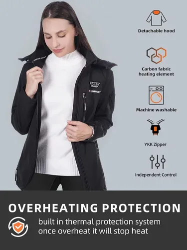 Vista 4 de Chaquetas térmicas para mujer con batería de 14400 mAh, abrigos térmicos con capucha desmontable a prueba de viento