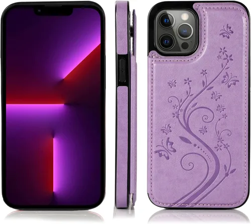 Vista 4 de Funda de teléfono para iPhone 13 Pro Max 2021 de 6.7 pulgadas con protector de pantalla de vidrio templado, tarjetero y cartera, funda de cuero
