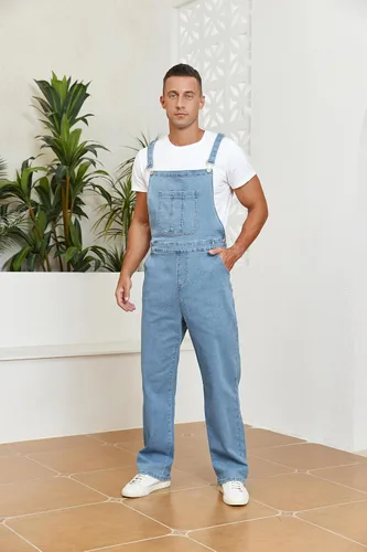 Vista 23 de Overol de mezclilla para hombre, ajustado, elástico, a la moda, con bolsillos
