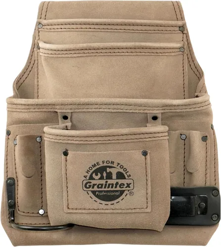 Vista 5 de Graintex Bolsa para clavos y herramientas de 10 bolsillos, bolsa de herramientas de cuero de gamuza, cinturón de herramientas para constructores