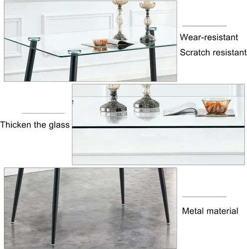 Vista 6 de Baysitone Mesa de comedor de cristal para 4 personas con tapa de vidrio rectangular transparente de 51 pulgadas, muebles de cocina de vidrio Negro