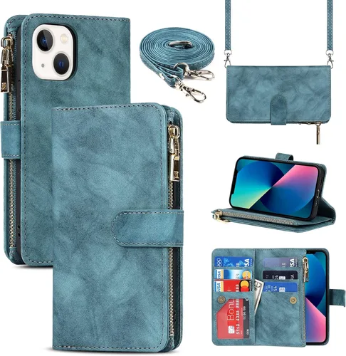 Vista 8 de Funda Cartera para iPhone 13/14 con Tarjetero, Funda Cruzada con Correa para el Hombro, Bolsillo con Cremallera Cartera de Cuero PU para iPhone 13