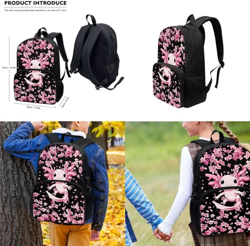 Vista 2 de Axolotl - Bolsas escolares para niños con estampado de flor de cerezo rosa con lonchera aislada, bolsa para lápices, soporte para botella de agua