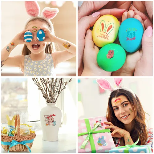 Vista 5 de 66 tatuajes de Pascua, 12 hojas coloridas de huevos de conejo, pollo, flores de primavera, calcomanías de mariposa para relleno de huevos de Pascua