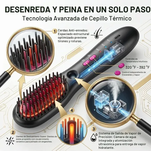 Vista 6 de Peine alisador de vapor inalámbrico, cepillo alisador de pelo de vapor portátil, 3 ajustes de temperatura, tecnología de pulverización eléctrica