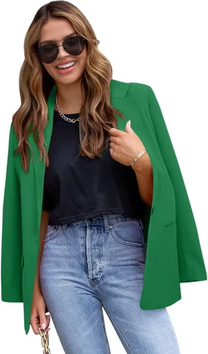 Vista 2 de CRAZY GRID Chaqueta casual para mujer, con bolsillos, de manga larga, frente abierto, para el trabajo, oficina, chaqueta con solapa y botones