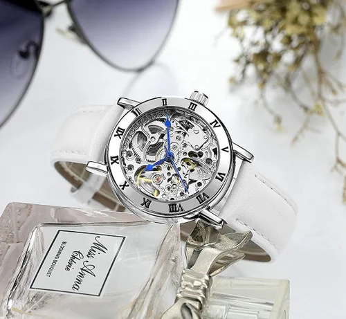 Vista 4 de carlien Steampunk - Reloj mecánico automático para mujer, esfera de esqueleto, de cuero, reloj de pulsera
