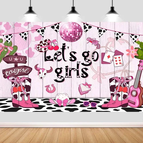 Vista 3 de Fondo de vaquera rosa de 5 x 3 pies con estampado de vaca disco occidental para niñas, cumpleaños, despedida de soltera, adolescente, decoración