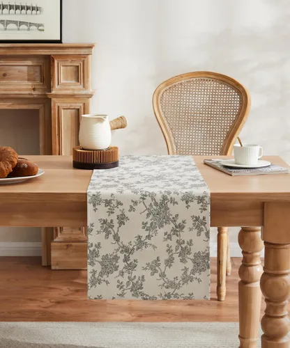 Vista 2 de Caminos de mesa de 100% algodón estilo pastoral francés, 13x36 pulgadas, caminos de mesa de granja negros de 36 pulgadas de largo, decoración