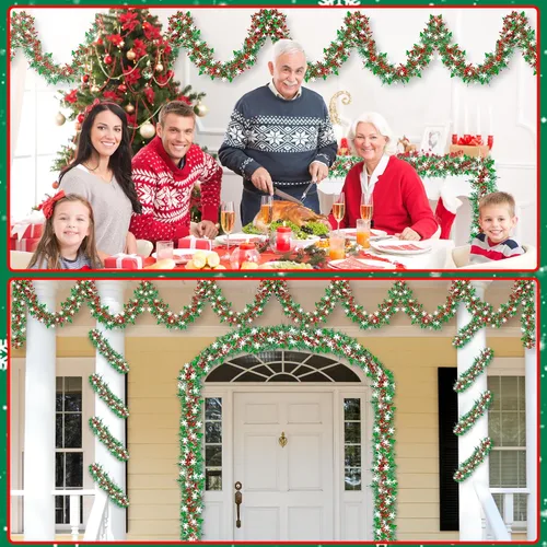 Vista 6 de 50 pies de decoraciones de Navidad con guirnalda de oropel con copo de nieve, árbol de Navidad rojo verde plateado brillante metálico girado