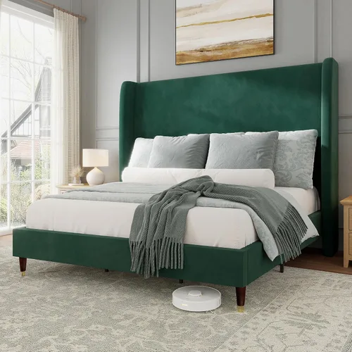 Vista 10 de Jocisland Base de Cama de Plataforma Completamente Tapizada con Cabecero Wingback de 51.2" de Alto–Patas de Madera Sólida, No Necesita Somier, Lino