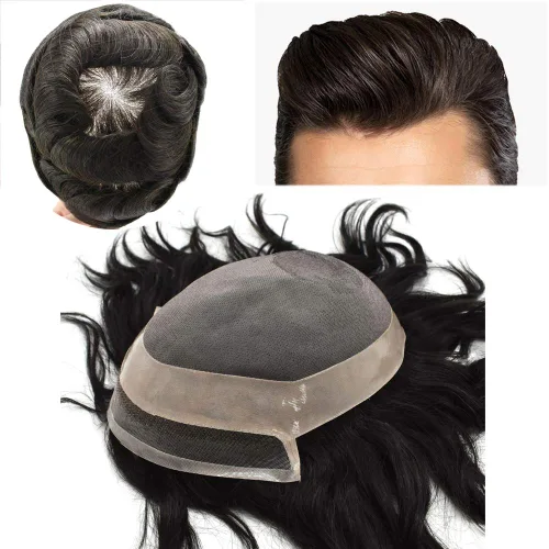 Vista 9 de Toupee para hombre pieza de cabello humano fino mono tupé piel de poliéster transparente alrededor de la pieza para hombres sistema de reemplazo
