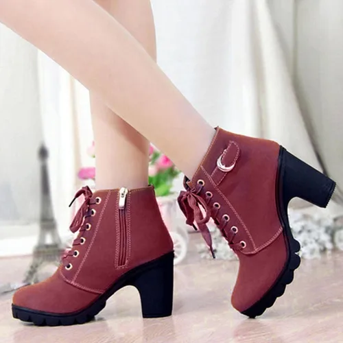 Vista 2 de Botines de tacón grueso para mujer, elegantes tacones altos, botas de combate con cremallera lateral, cómodas botas de combate