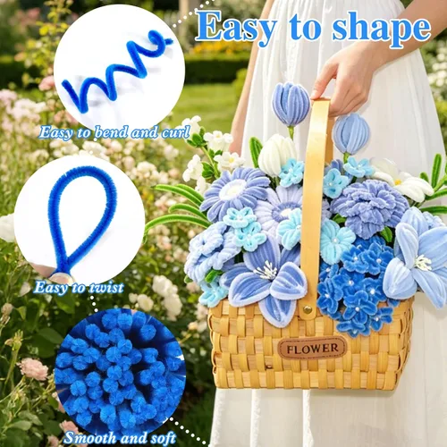 Vista 4 de URSDIART 311 piezas de limpiapipas azules para manualidades - Kit de fabricación de flores de tallos de felpilla, alambre grueso y esponjoso