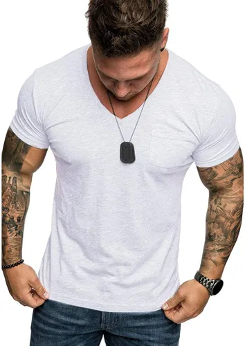 Vista 2 de Muscularfit Mens Short Sleeve Shirts Stylish Casual V Neck Plain Summer Tee Slim Regular-Fit Light Weight Basic Muscle Shirt