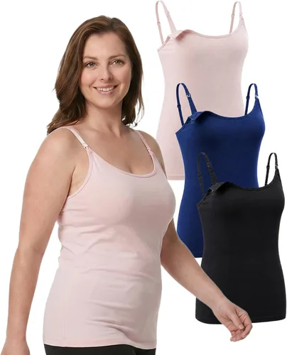 Vista 15 de Under Control Camisetas sin mangas para lactancia materna, camisetas de maternidad con brasier integrado, paquete de 3 Negro/Negro/Negro