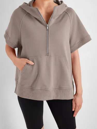 Vista 2 de AUTOMET Sudaderas con capucha de manga corta con media cremallera para mujer, sudaderas de forro polar, camisetas de verano, ropa de moda