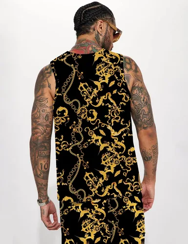 Vista 2 de JoZorro Conjunto de camiseta sin mangas con estampado floral para hombre, camiseta deportiva casual con estampado de lujo, ropa deportiva hawaiana