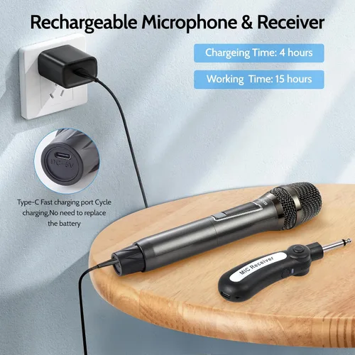 Vista 3 de Micrófono inalámbrico de karaoke, sistema de micrófono de mano sin demoras con receptor recargable, adecuado para cantar, enseñar, iglesia, bodas