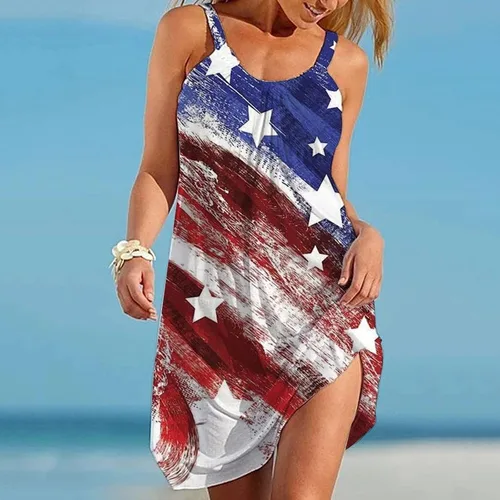 Vista 2 de Oiumov Vestidos de verano para mujer, diseño de bandera americana, vestido patriótico, sin mangas, casual, holgado, bohemio, vestido sin mangas