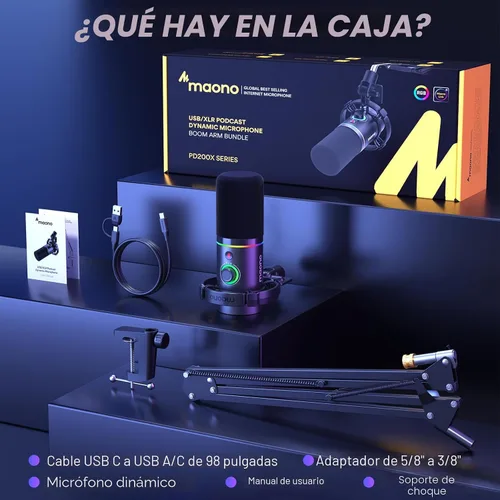 Vista 9 de MAONO Kit de micrófono dinámico XLR/USB, micrófono podcast RGB con software, silencio, perilla de ganancia, control de volumen, brazo de brazo