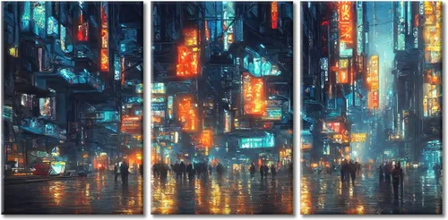 Vista 28 de Cuadros de 3 paneles de Cyberpunk City - Arte de pared de vallas publicitarias de edificios modernos en la capital con obras de arte modernas
