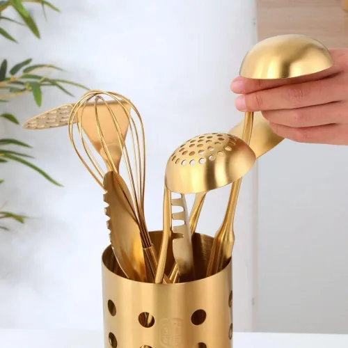 Vista 4 de Juego de utensilios de cocina, tubo de palillos, utensilios de cocina para sopa, cucharón, colador, agitador de huevos, clip de alimentos