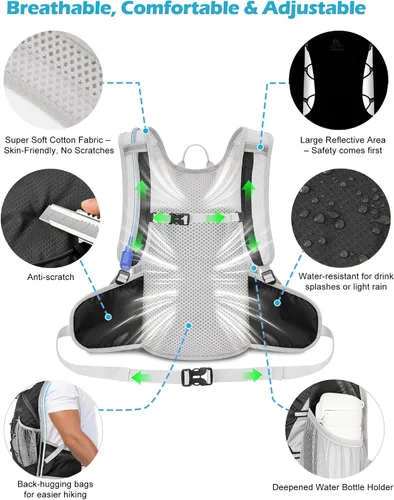 Vista 4 de Mochila de hidratación con bolsa de agua de 2 litros. Mochila ligera de 15 litros con bolsillos para cinturón de cadera del tamaño del teléfono
