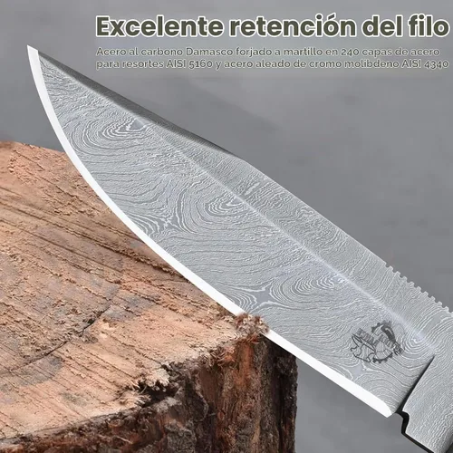 Vista 3 de Knives Ranch Cuchillo de Caza Artesanal de 9-1/2"- Cuchillo de Bushcraft y Campamento de Acero Damasco con Espiga Completa- Mango de Palisandro